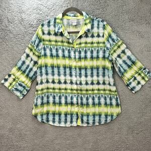 Chico's Size 2 100% Linen Multicolored Tie Die Shirt 3/4 Sleeves Flowy Coastal